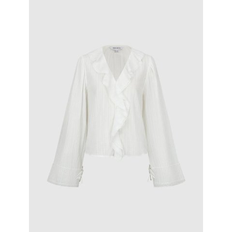 V-Neck Ruffle Collar Contrast Striped Shirt