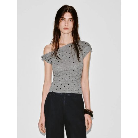 URBAN REVIVO Polka Dot One Shoulder Skinny Tee
