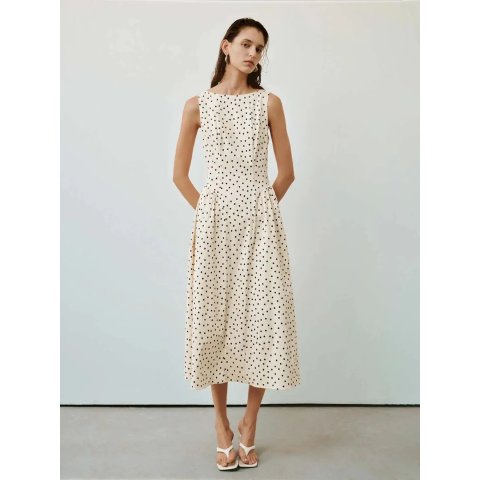 URBAN REVIVO Polka Dot Boat Neck Midi Dress