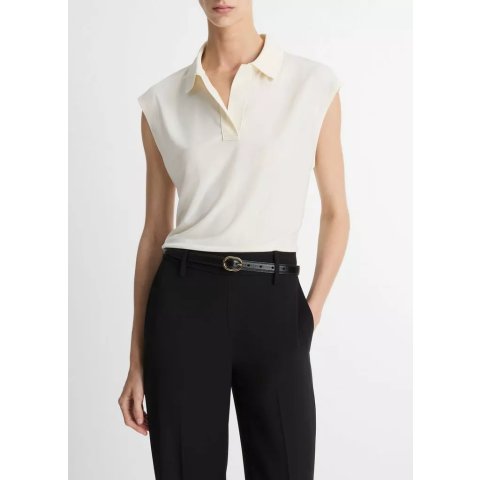 Vince Matte Jersey Cap-Sleeve Polo Top