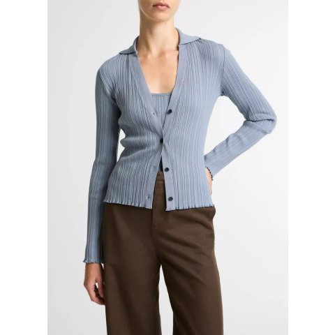 Vince Variegated-Rib Cotton-Blend Long Sleeve Polo