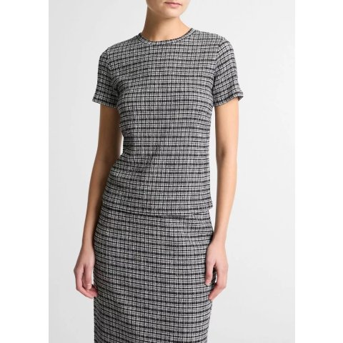 Vince Plaid Grid-Knit Short Sleeve Top