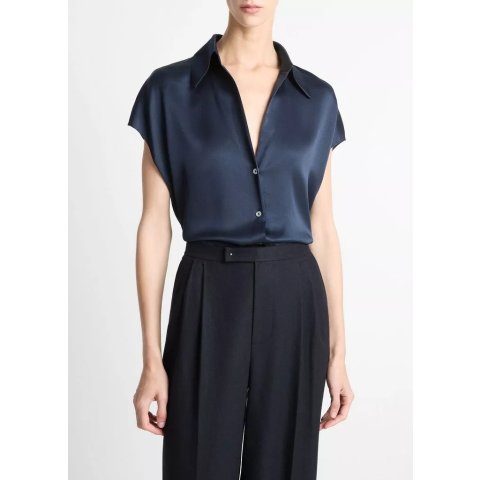 Vince Silk Cap-Sleeve Ruched Blouse