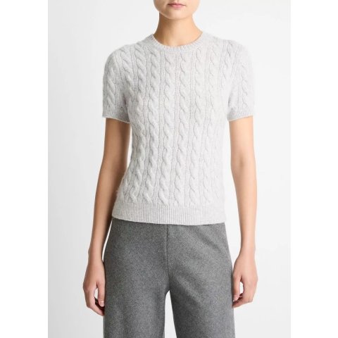 Vince Cable-Knit Wool Cashmere Short-Sleeve Sweater