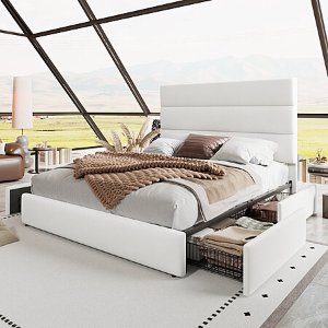 Mercer41 Platform Storage Bed Velvet Headboard Queen White